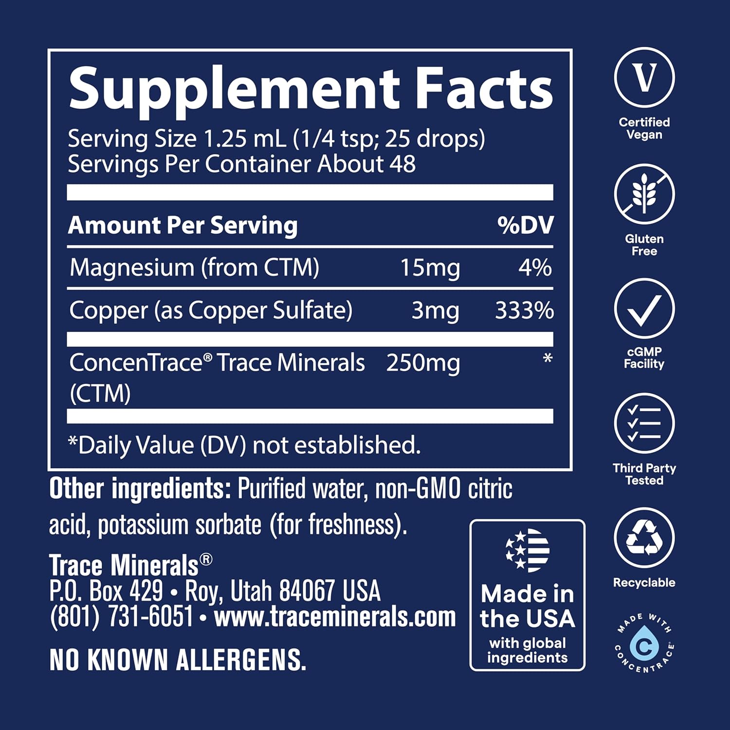 Supplement Facts Image: Trace Minerals Ionic Copper 3mg supplement facts ingredients liquid bottle 59ml