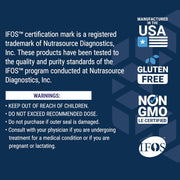 Back label of Super Omega-3 supplement bottle showing ingredients, supplement facts, and certifications.