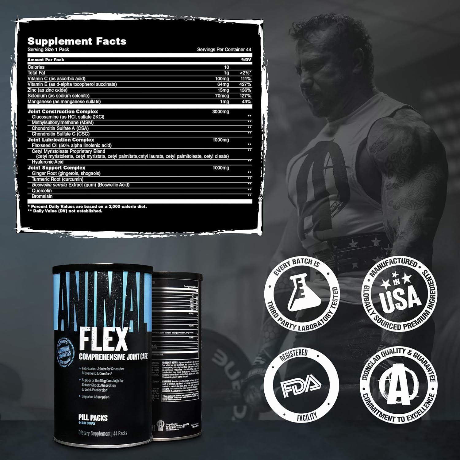 Supplement facts & ingredients image: Animal Flex joint support supplement facts ingredients sachet packs 44 count