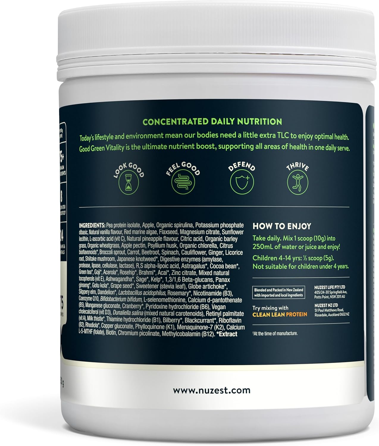 Full ingredients and nutrition panel for Good Green Vitality powder