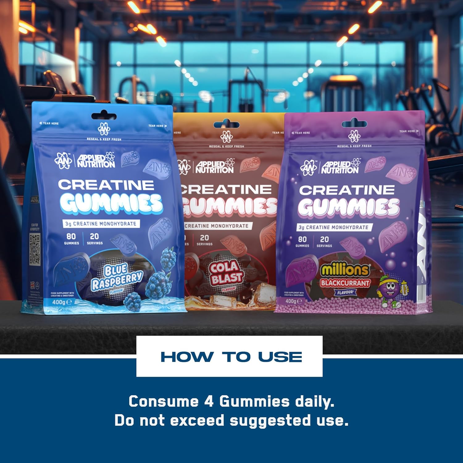 How to Use Image: Applied Nutrition creatine gummies cola blast 80 pack taking four gummies daily
