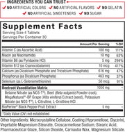 Supplement facts label with detailed nutritional information and ingredient list.