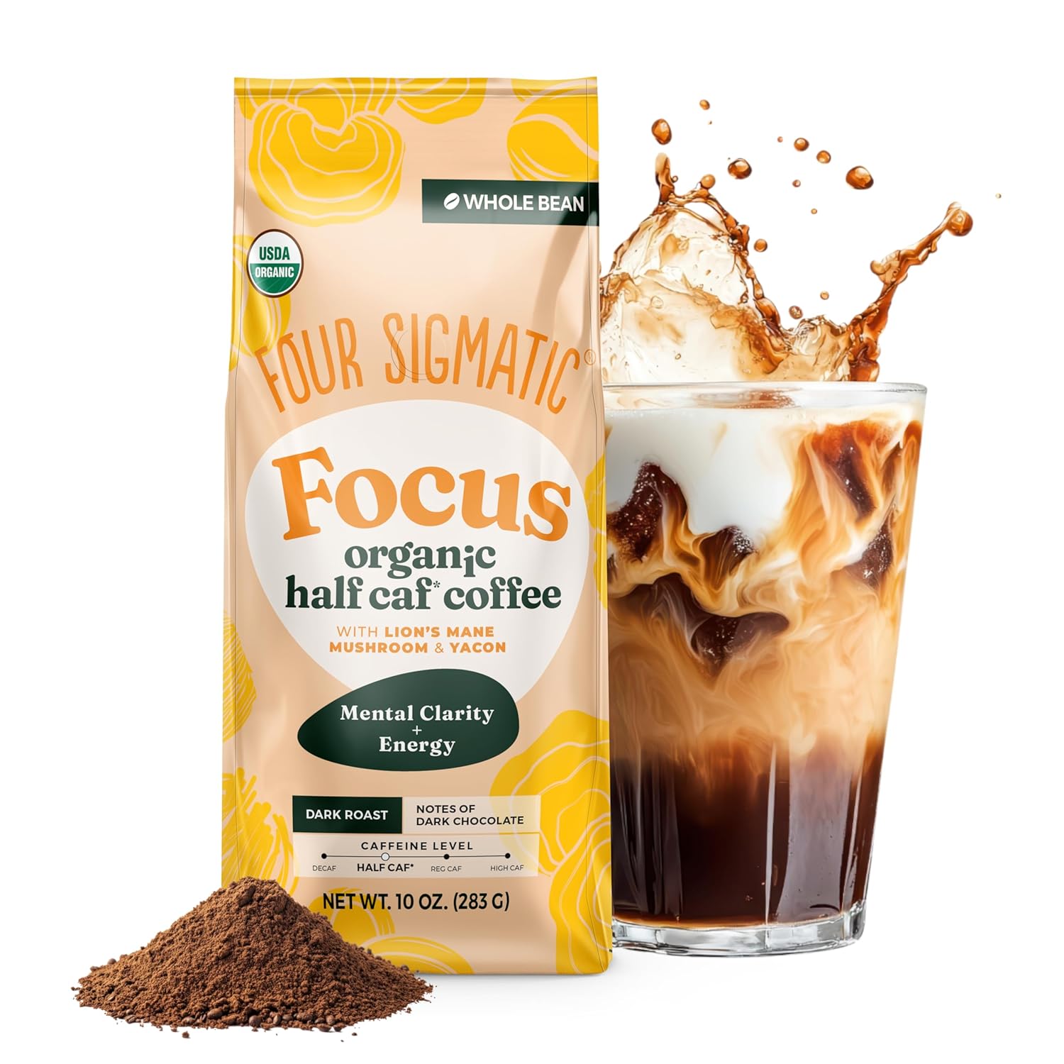 Four Sigmatic Organic Half Caffeine Coffee Whole Bean Dark Roast 283g bag