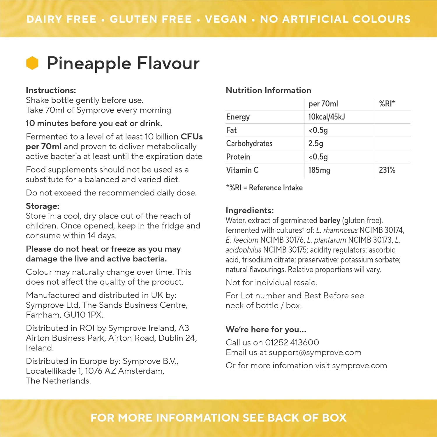 Nutrition information and product details for a pineapple-flavored supplement on a white background.