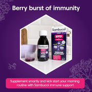 Sambucol immune support product on a purple background with text 'Berry burst of immunity'.