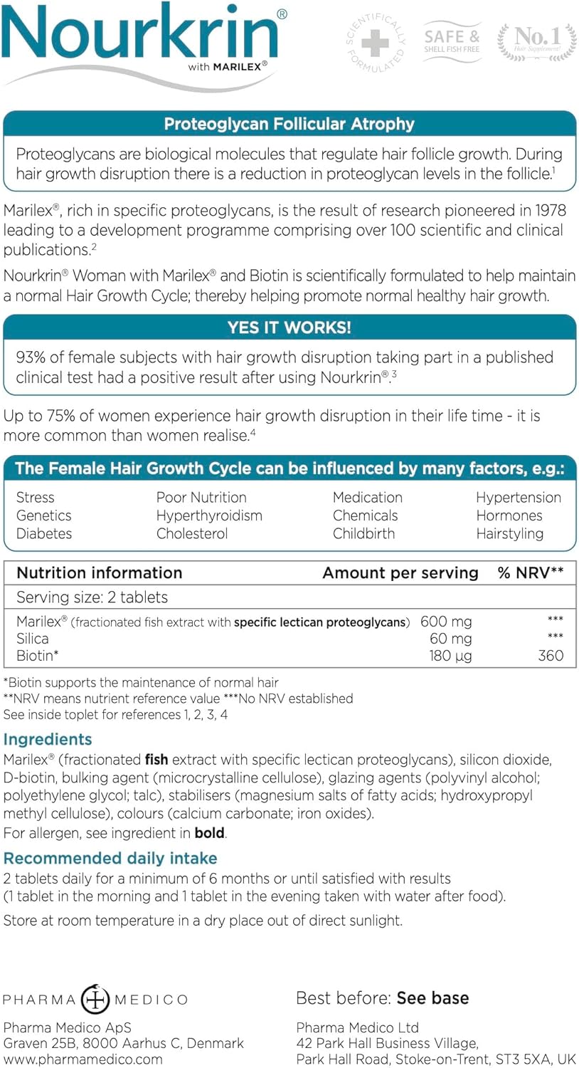 Supplement facts panel and directions for Nourkrin Woman tablets.