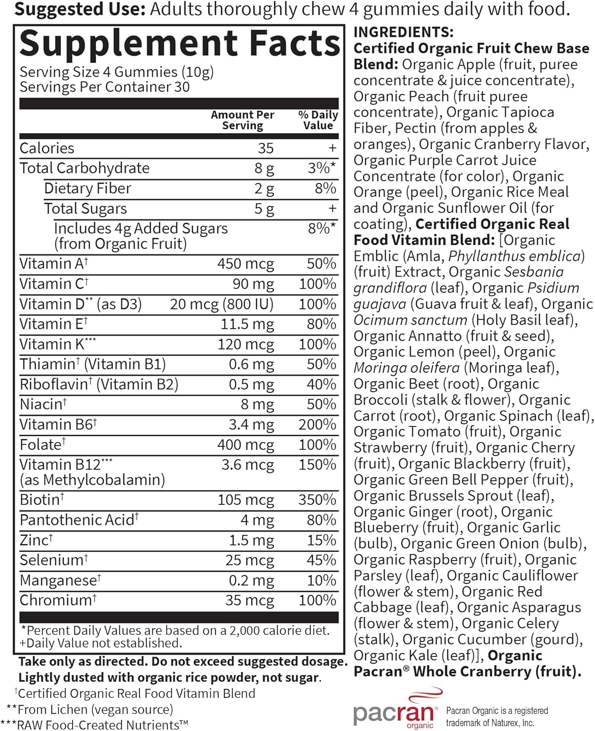 Supplement facts and ingredient list for Organic Women's Gummy Vitamins.