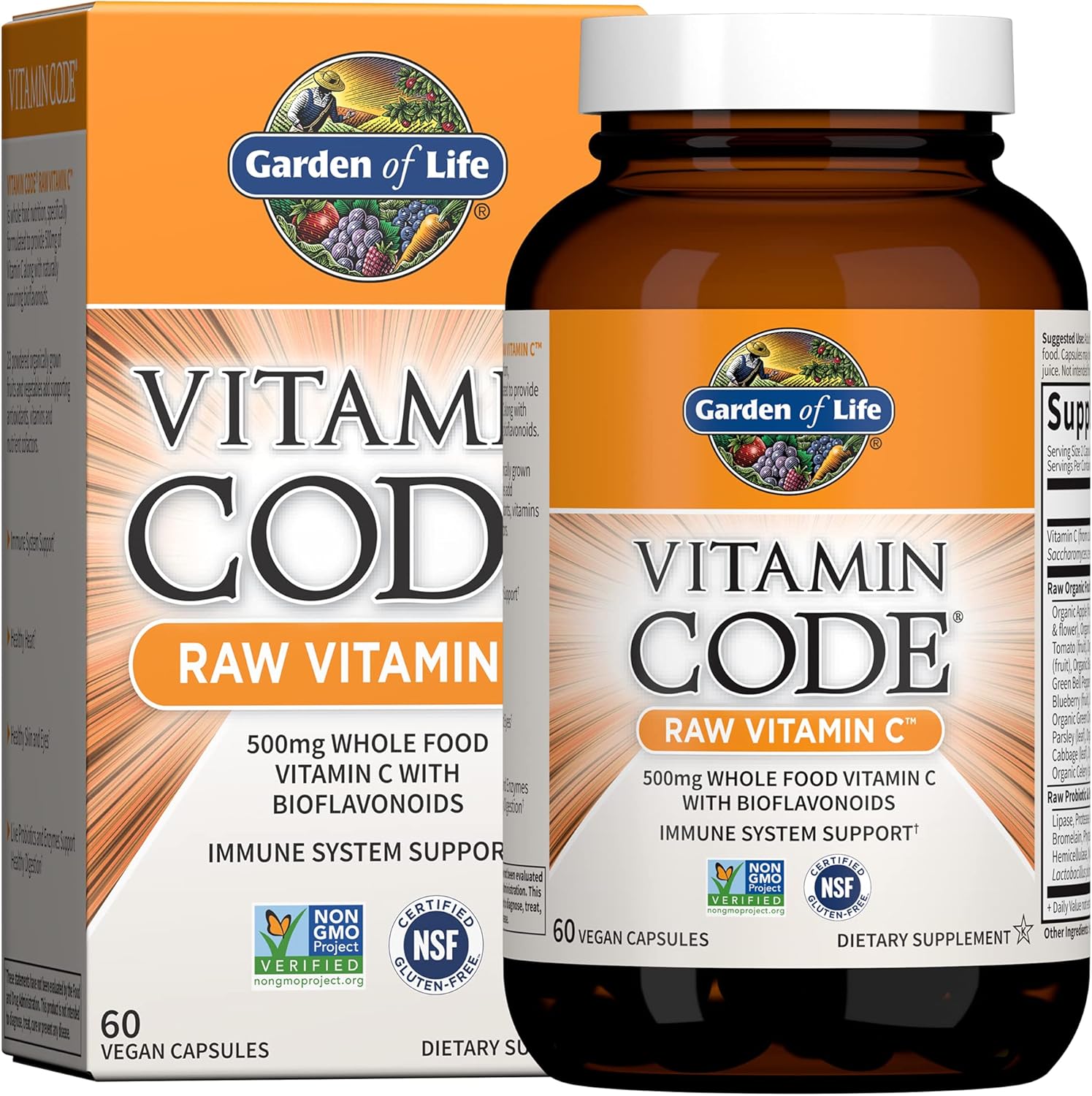 Garden of Life Vitamin Code Raw Vitamin C bottle & box, 500mg whole food 60 capsules, vegan supplement.