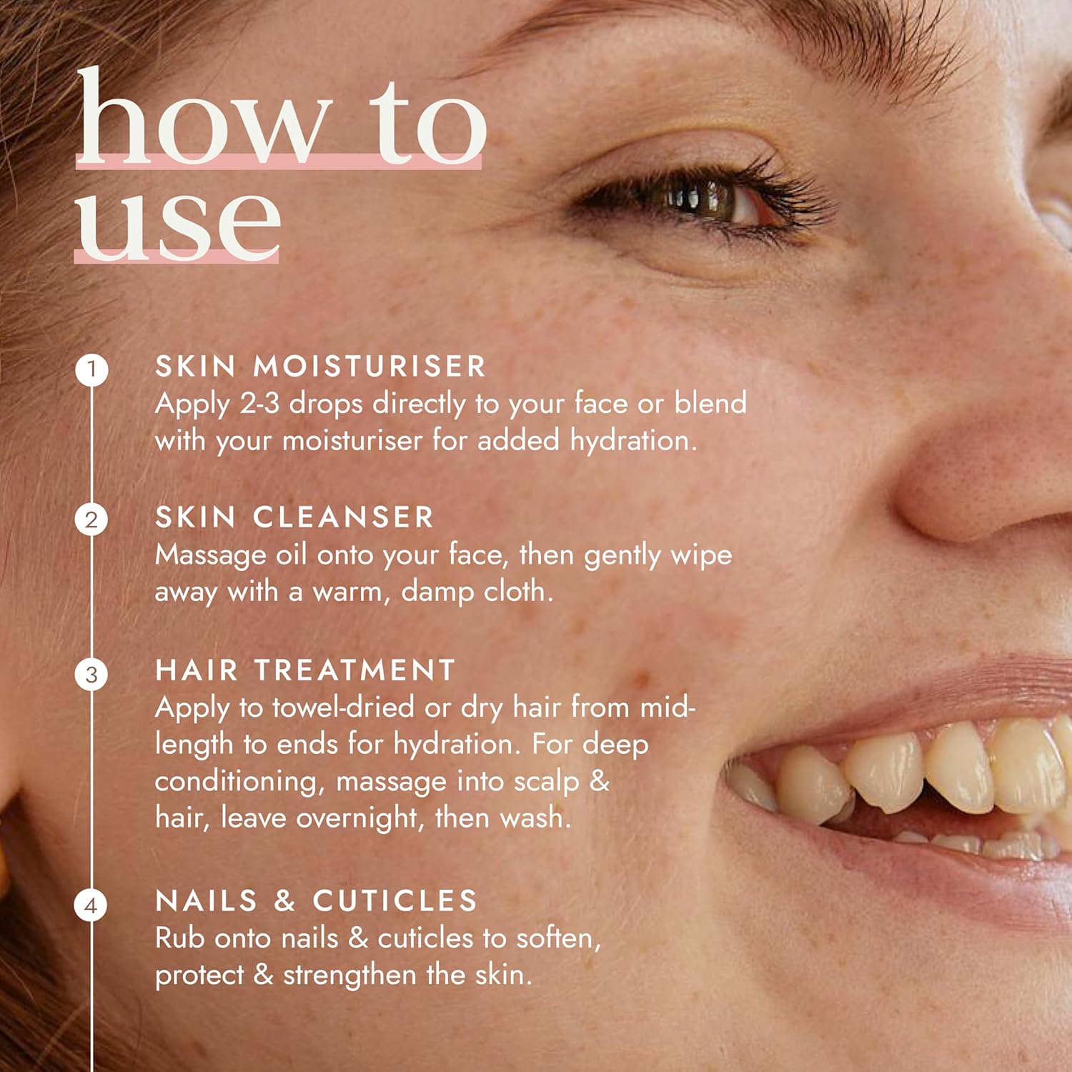Instructions on how to use a skincare product with a close-up of a person's face.