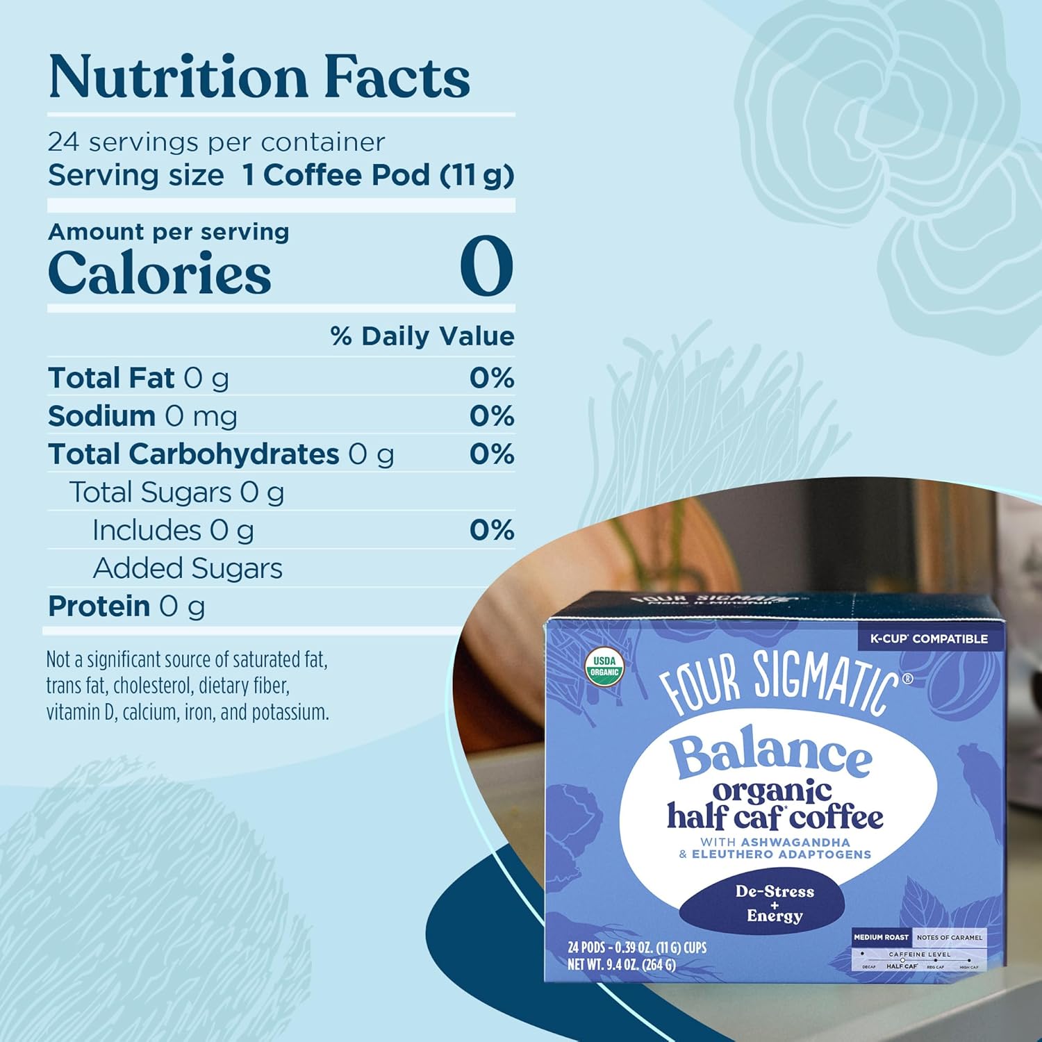 nutrition facts, ingredients, brewing instructions, and certifications.