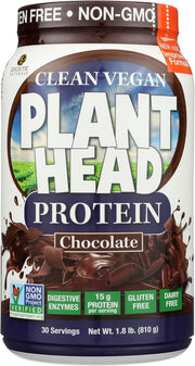 Plant-based protein powder container with 'Clean Vegan Plant Head Protein' branding on a white background