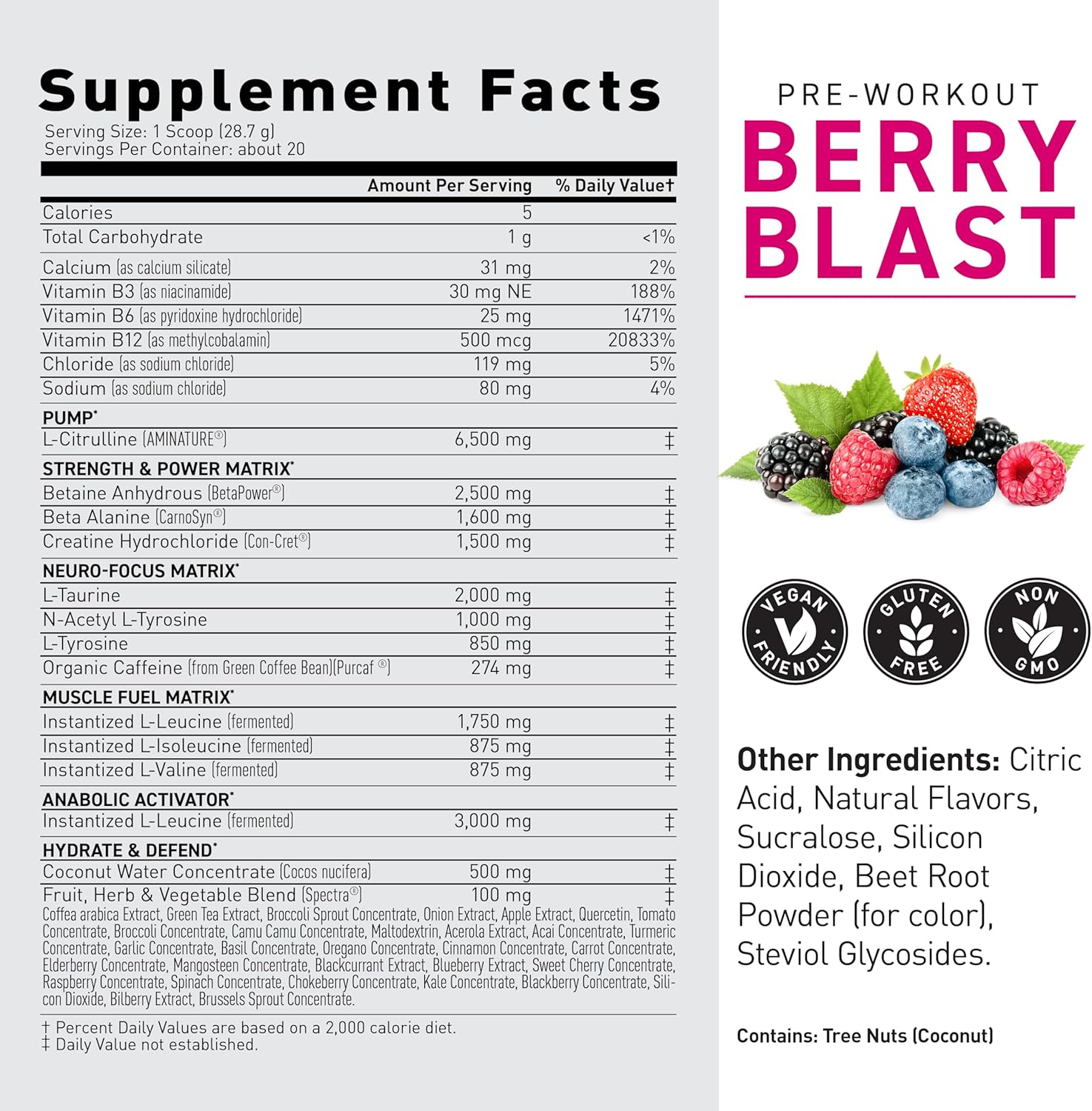 Supplement facts panel, ingredients, and directions for Kaged Pre Workout.