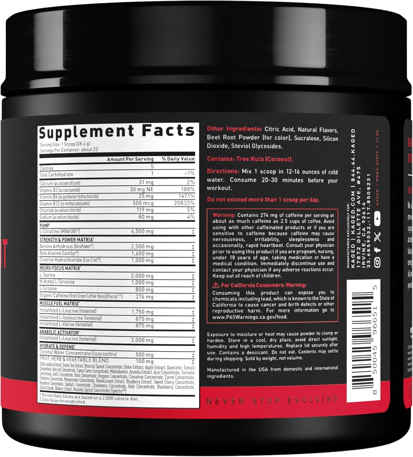 Kaged Original supplement powder nutrition label 564g and barcode