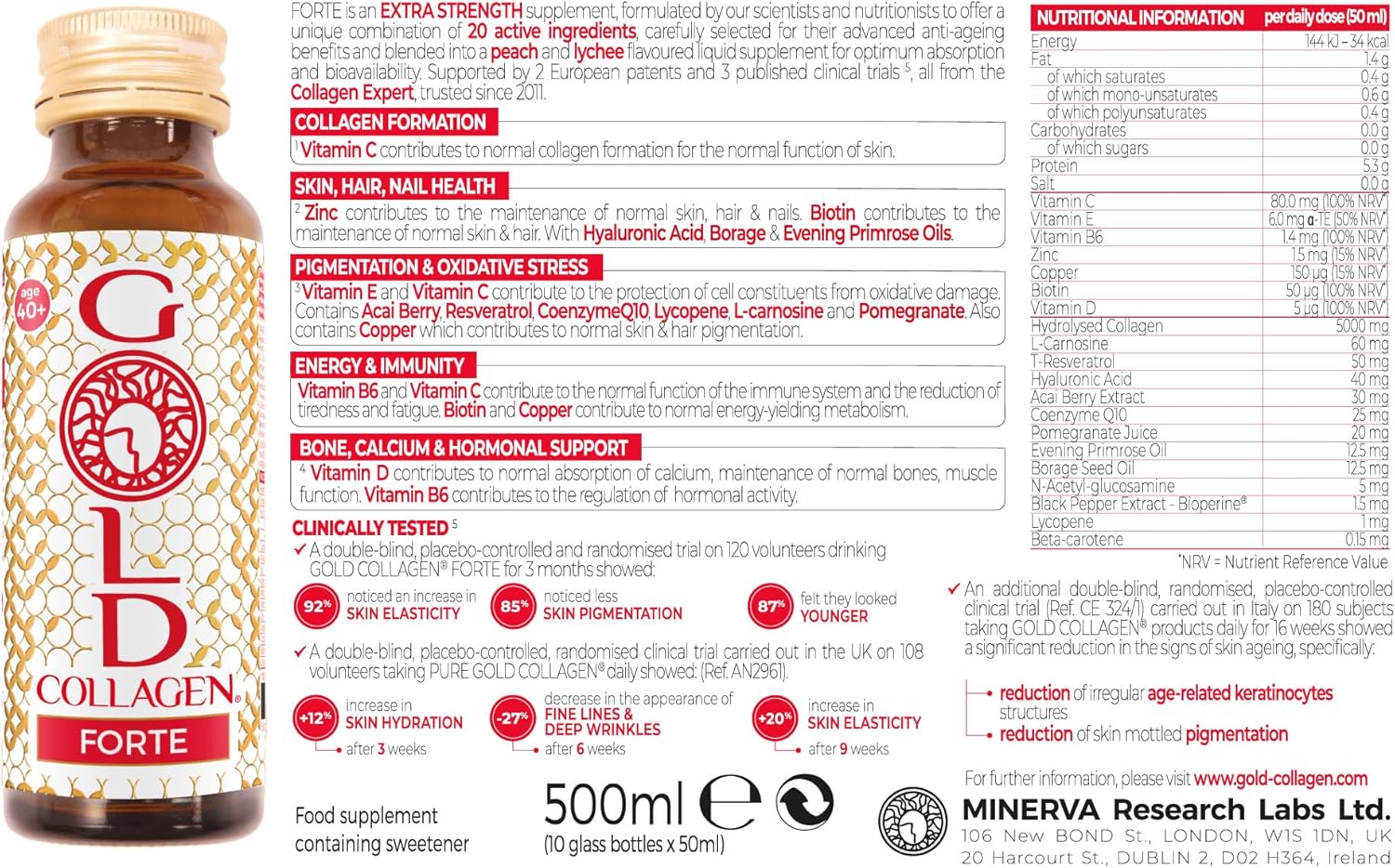 Gold Collagen Forte supplement bottle with label details