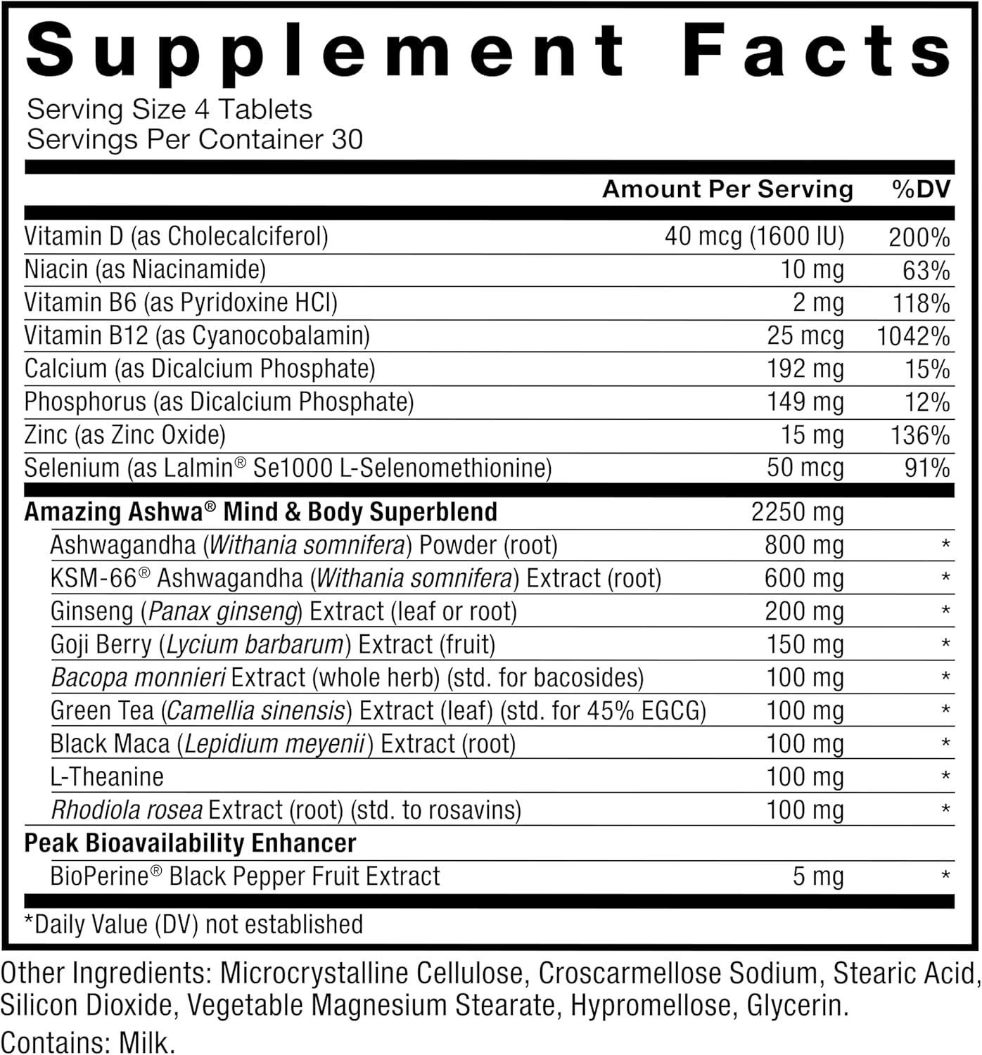 Supplement facts label with detailed nutritional information on a white background