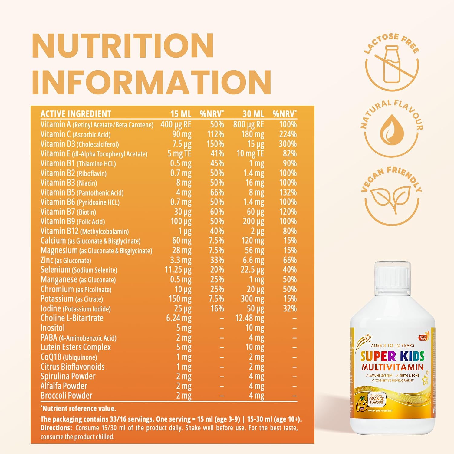 Swedish Nutra Super Kids Multivitamin Liquid Orange 500ml nutrition information