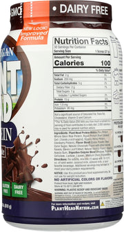 Container of plant-based protein powder with nutrition facts label