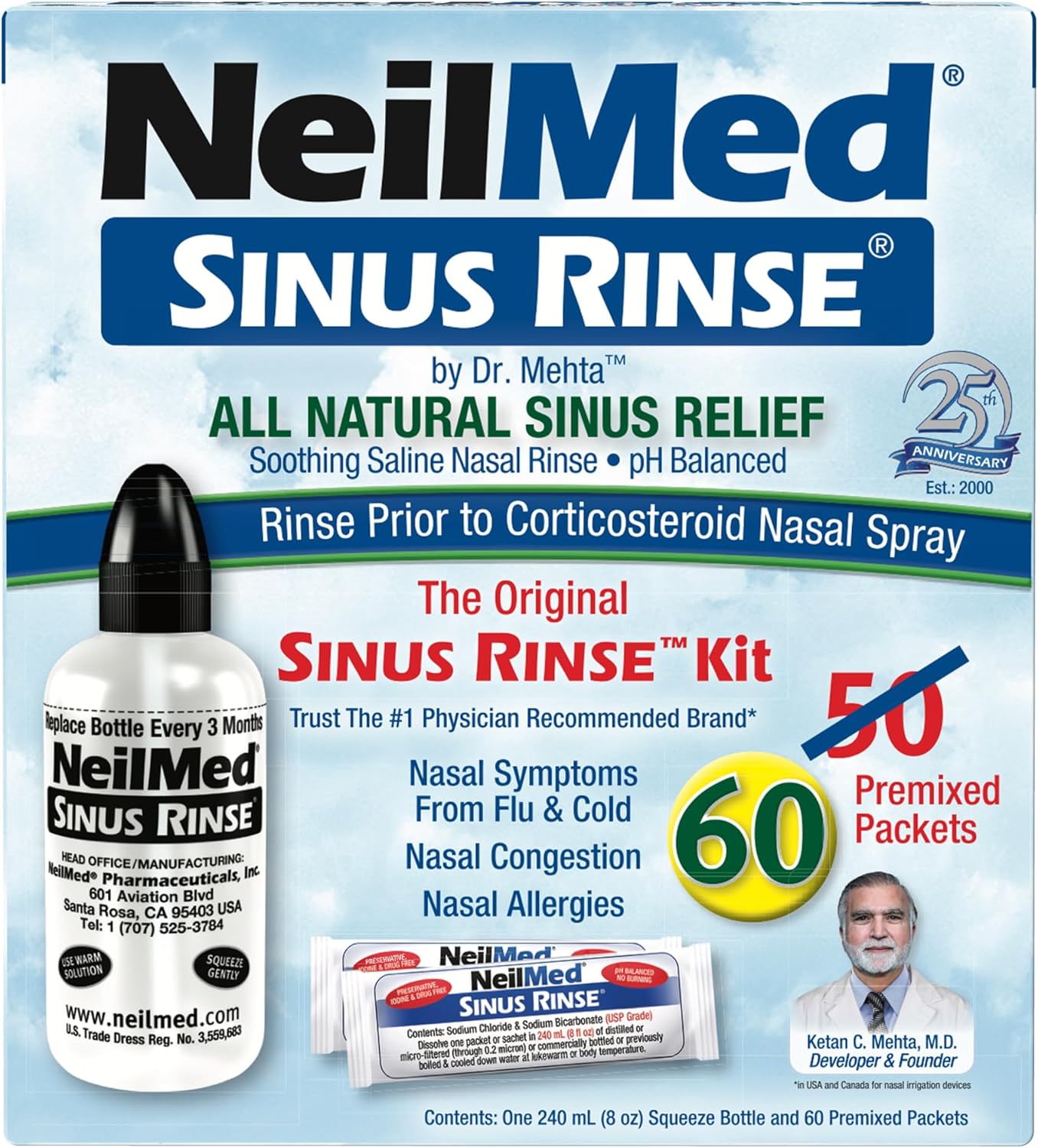 NeilMed Sinus Rinse Complete Kit box showing bottle and saline packets.


