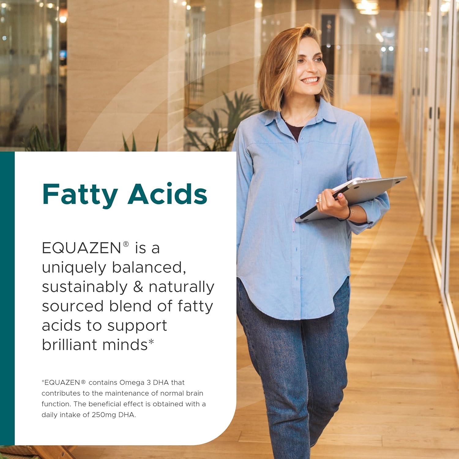 Woman holding a tablet in an office setting with Equazen fatty acids advertisement.