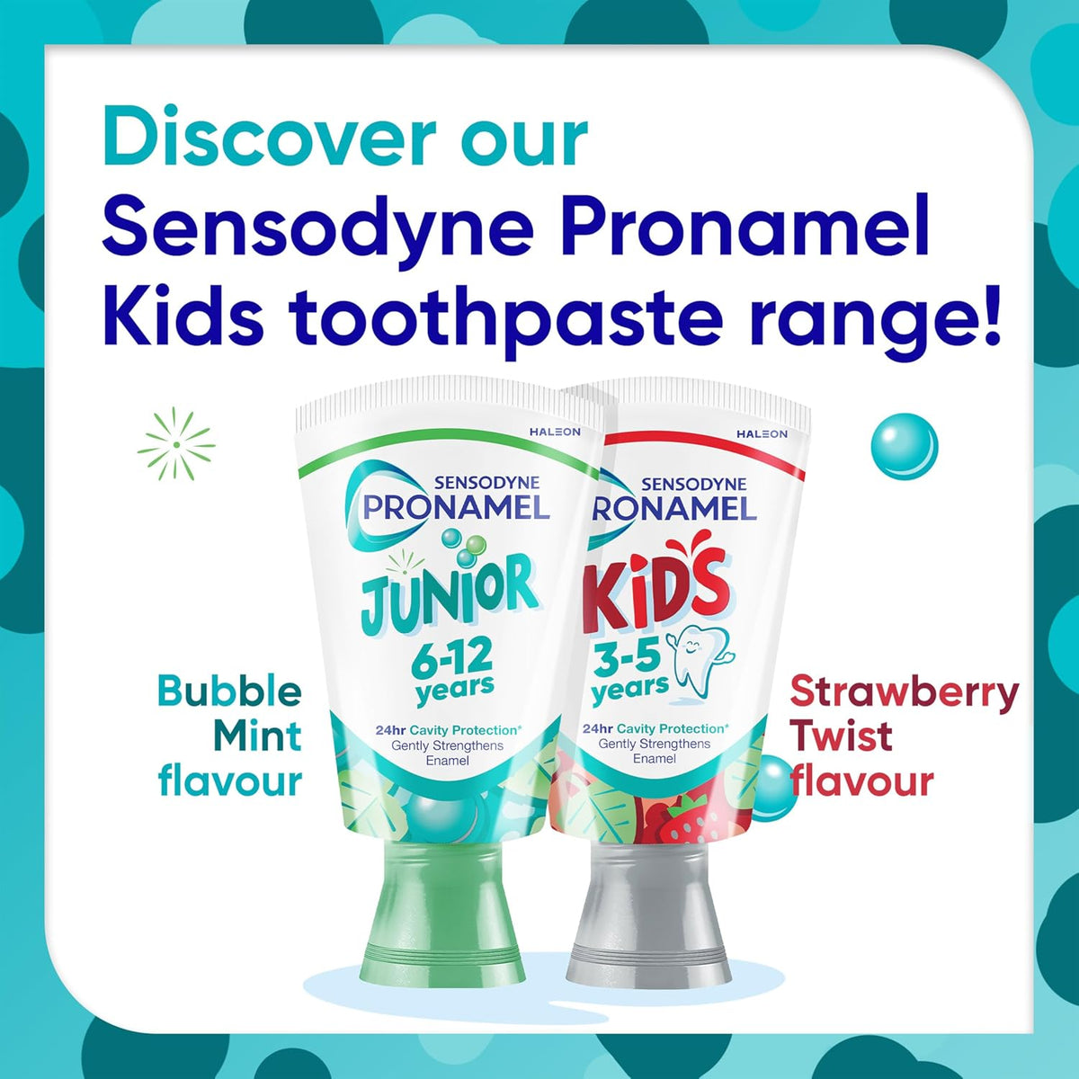 Sensodyne Pronamel Junior Bubble Mint Toothpaste 6–12 Years 50ml tube and carton front packaging & other flavour