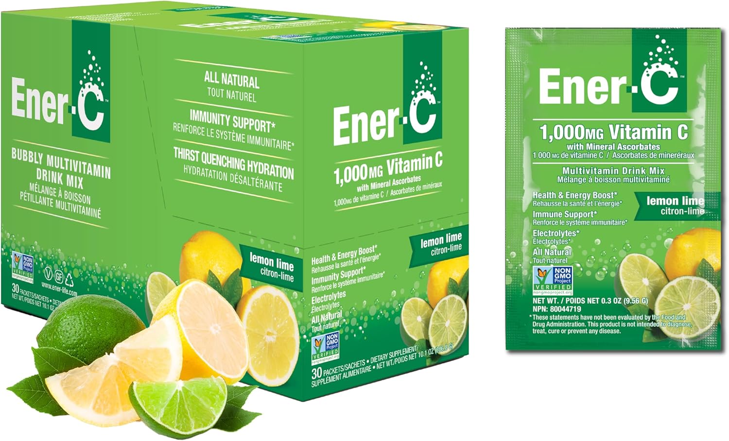 Ener-C Lemon Lime vitamin powder mix box front label 30 sachets on white background
