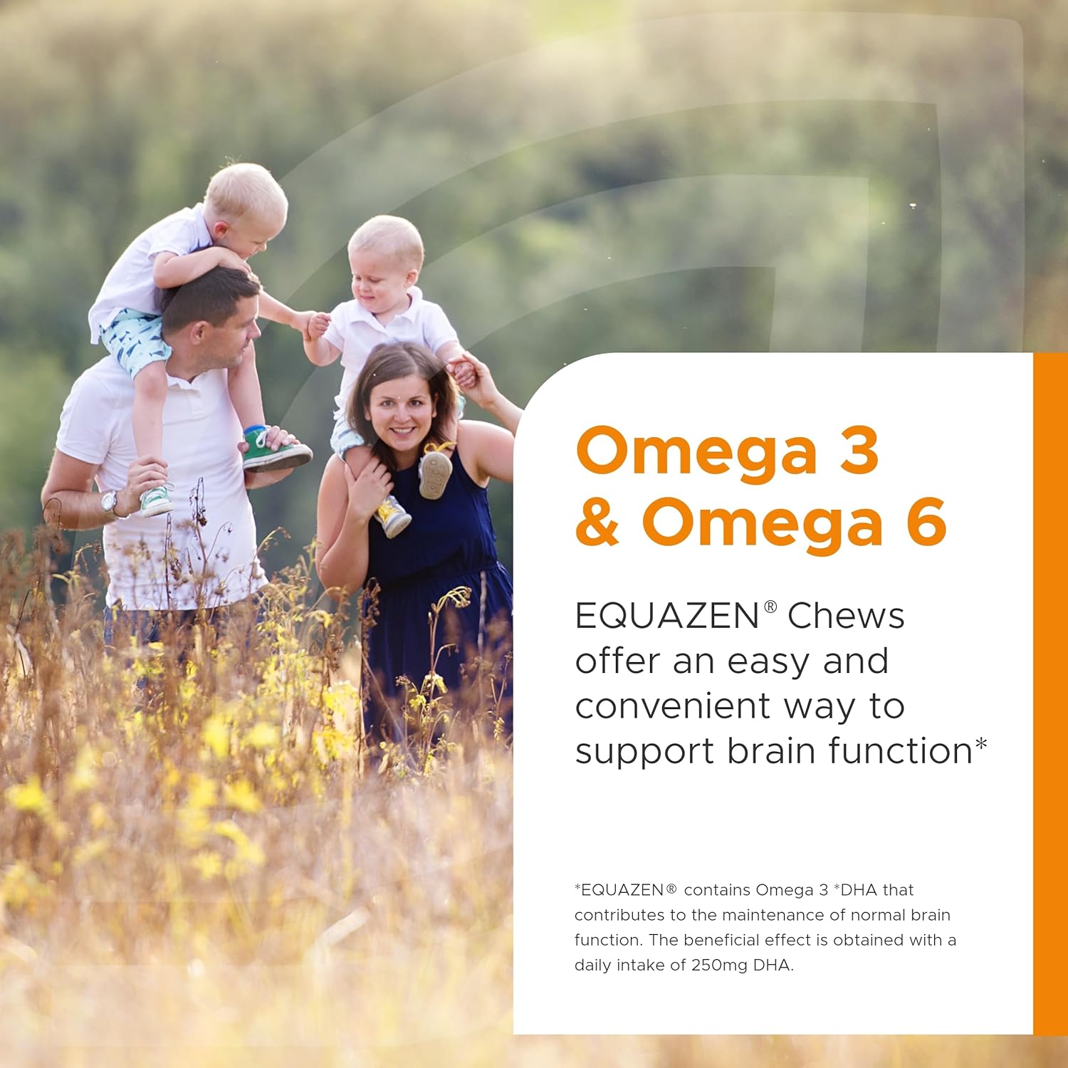 Family in a field with promotional text about Omega 3 and Omega 6 supplements.