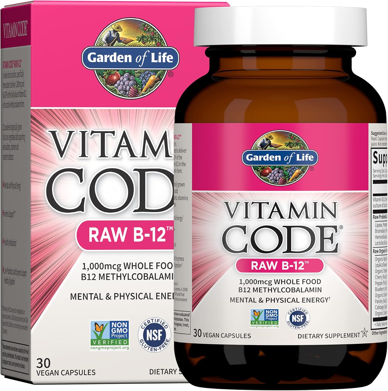 Garden of Life Vitamin Code Raw B-12 bottle & box, 30 capsules.