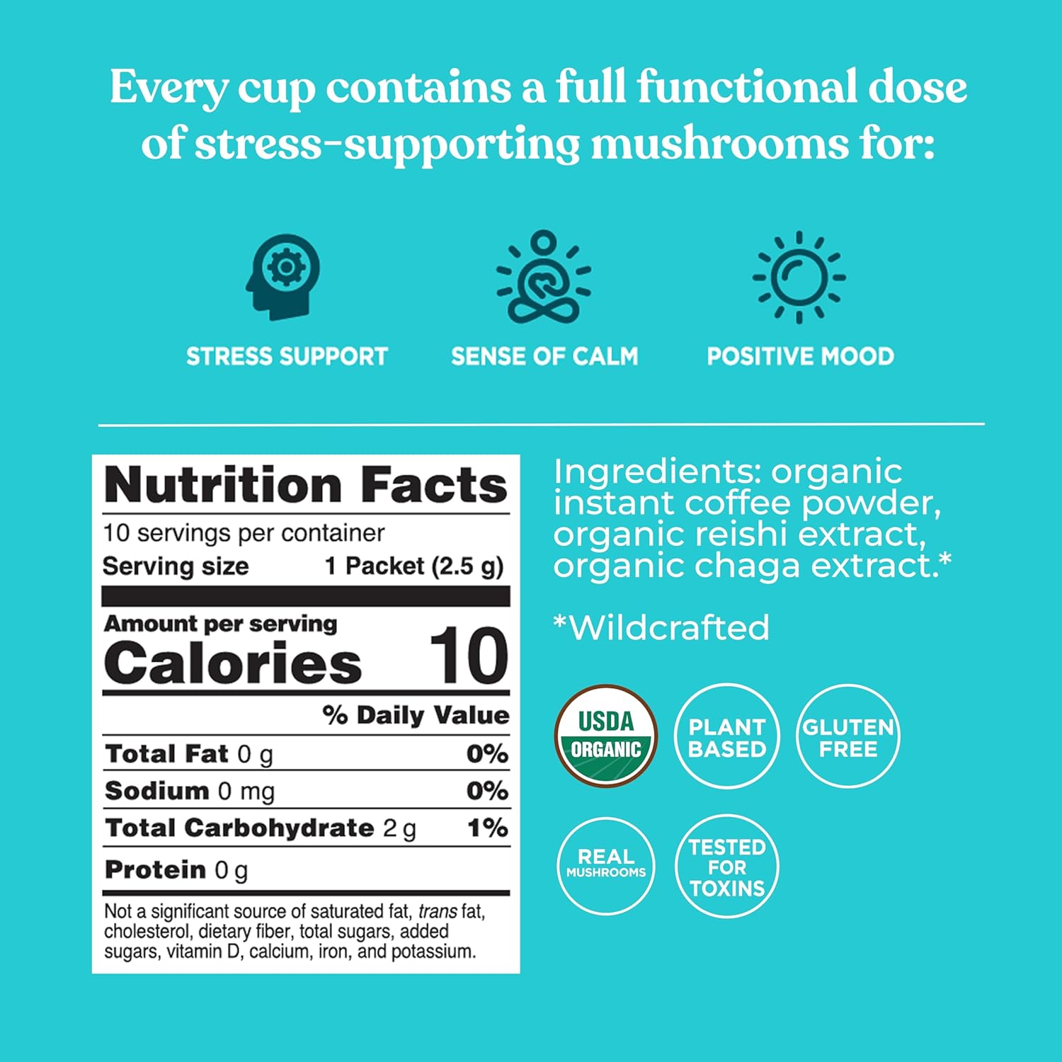 Four Sigmatic half caf instant coffee ingredients and product information panel on packaging