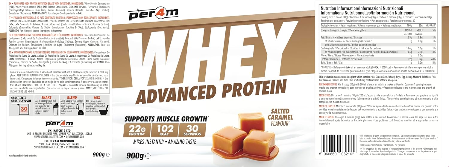 Whey protein package with caramel flavor indication on a white background