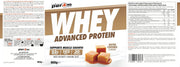 Whey protein package with caramel flavor indication on a white background