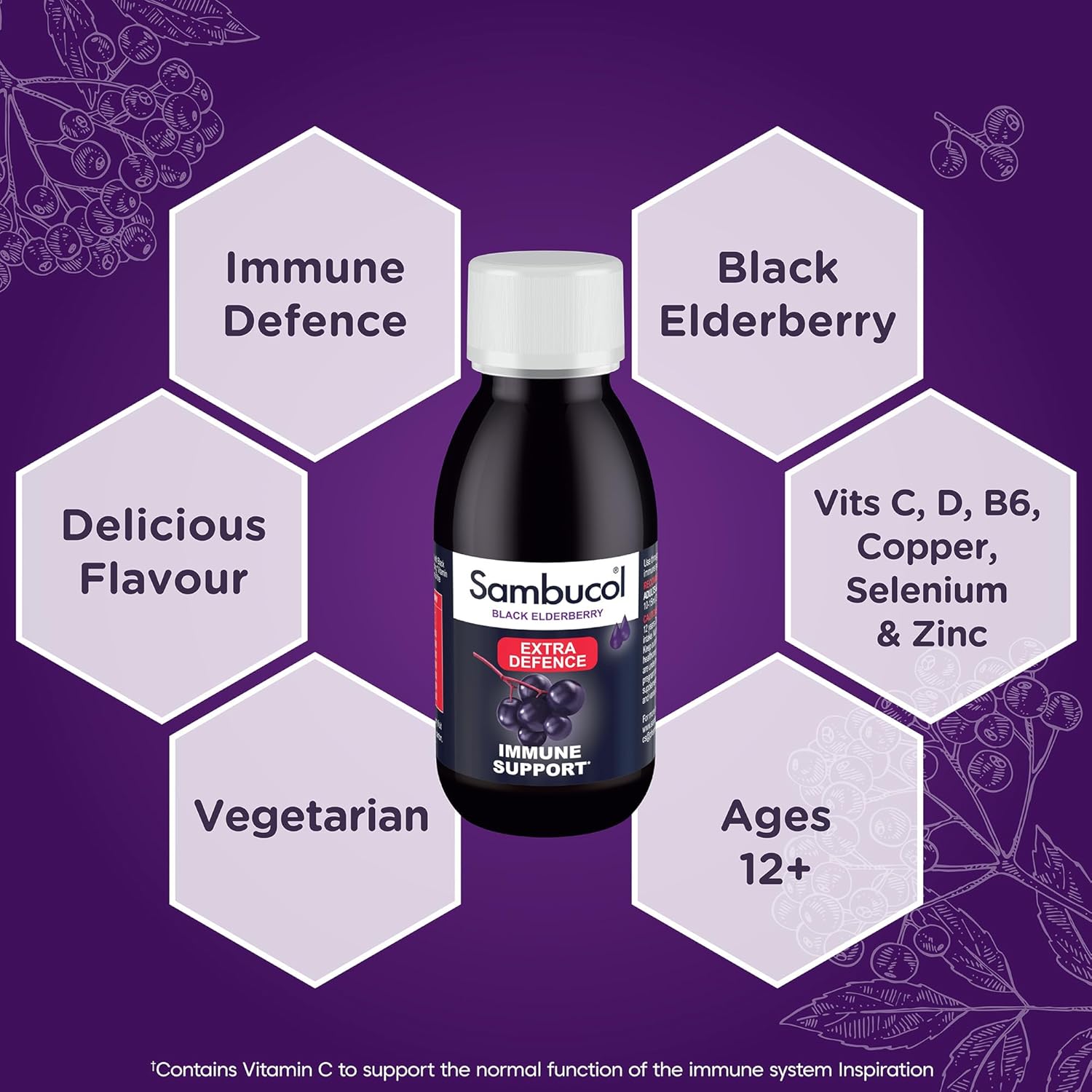 Sambucol black elderberry bottle with product features on a purple background
