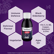 Sambucol black elderberry bottle with product features on a purple background