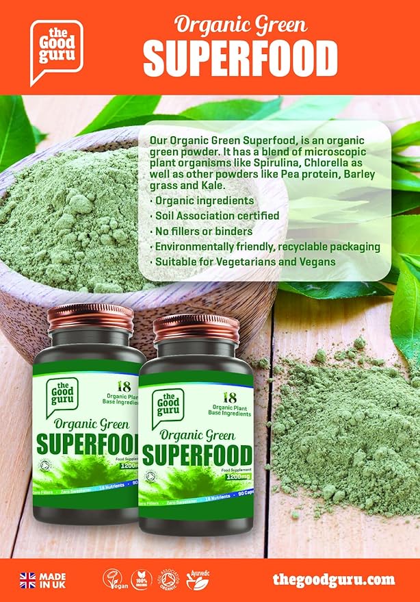 The Good Guru Organic Green Superfood - Blend of 18 Plants, 90 Capsules