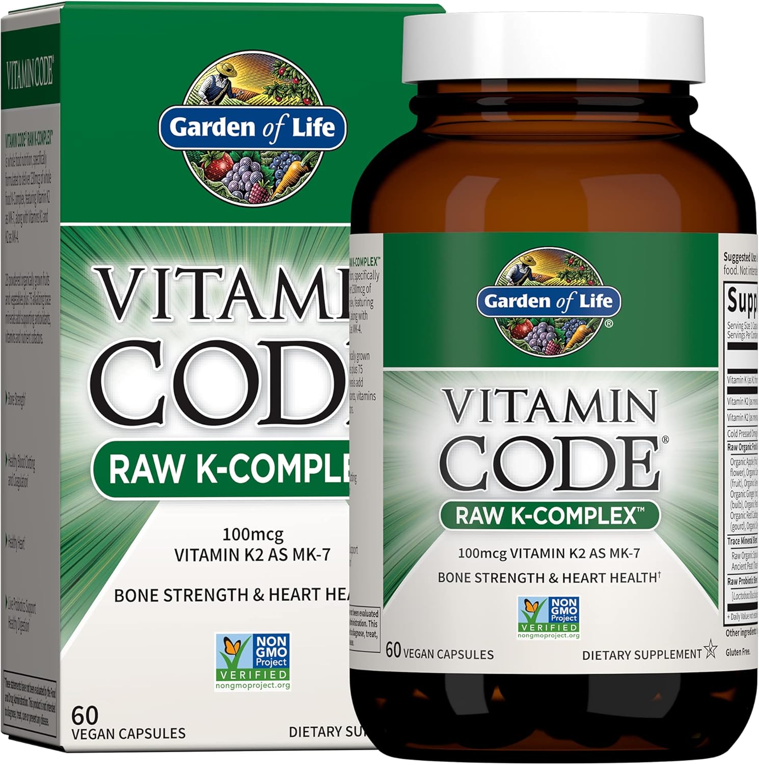 Garden of Life Vitamin Code Raw K Complex bottle & box, 60 capsules.