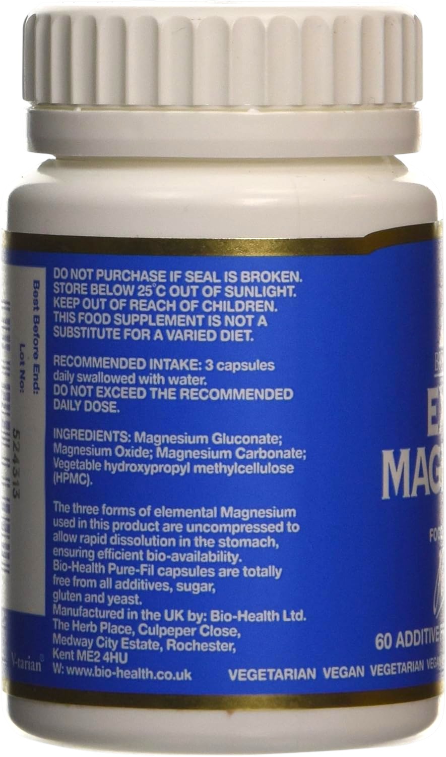 Bio-Health Extra Magnesium supplement facts capsules 60 capsules