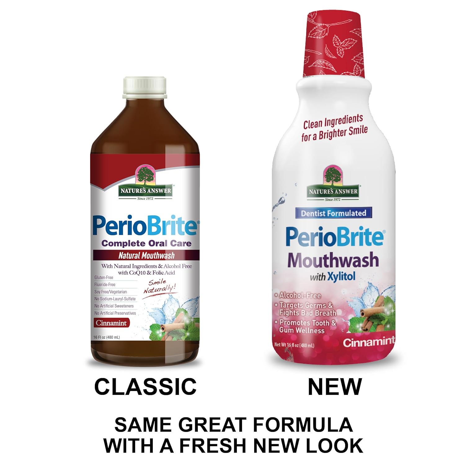 Nature’s Answer PerioBrite Cinnamint Mouthwash Alcohol-Free - 480ml. Old & new packaging