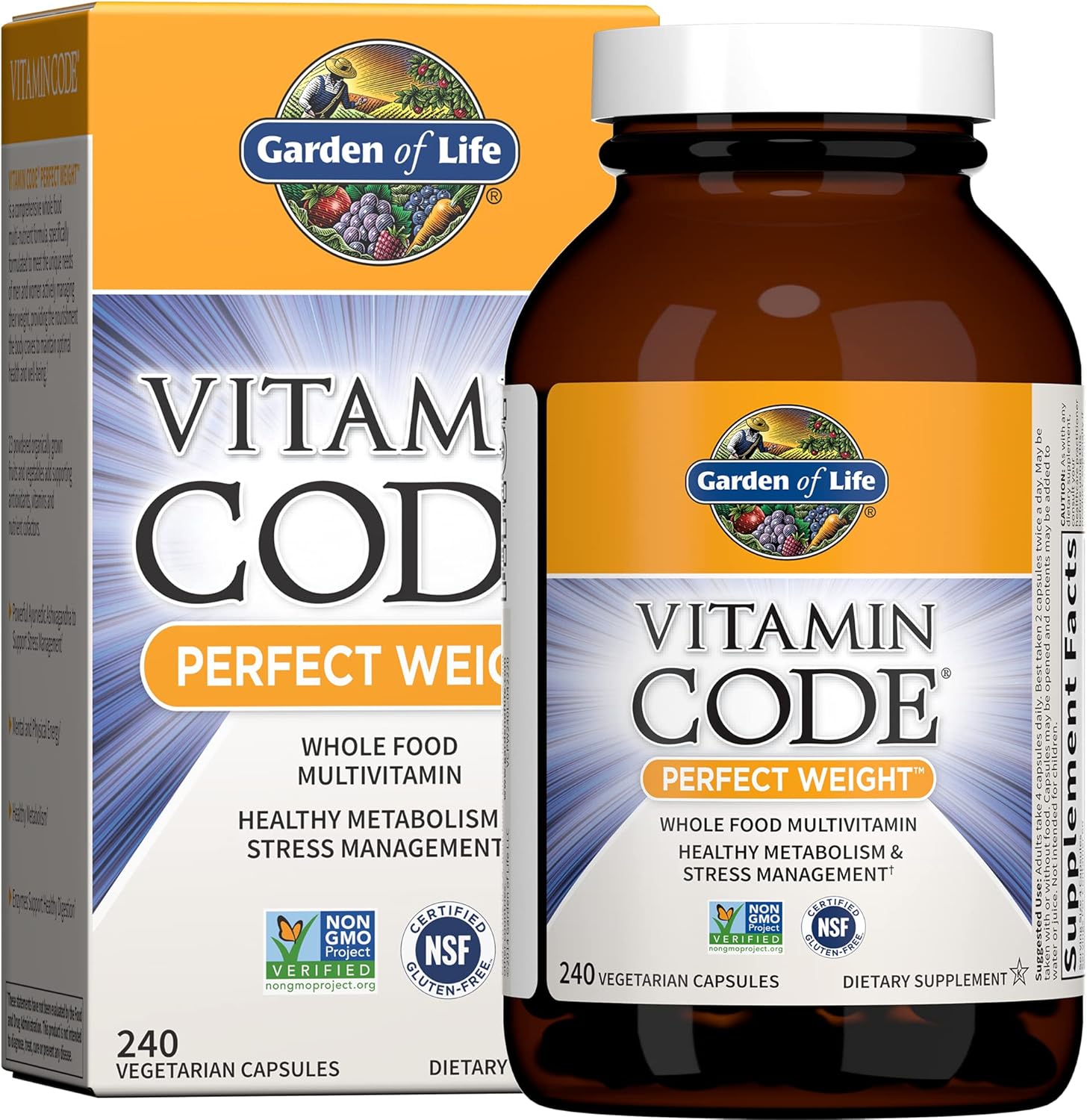 Garden of Life Vitamin Code Whole Food Multivitamin bottle & box, 240 capsules.