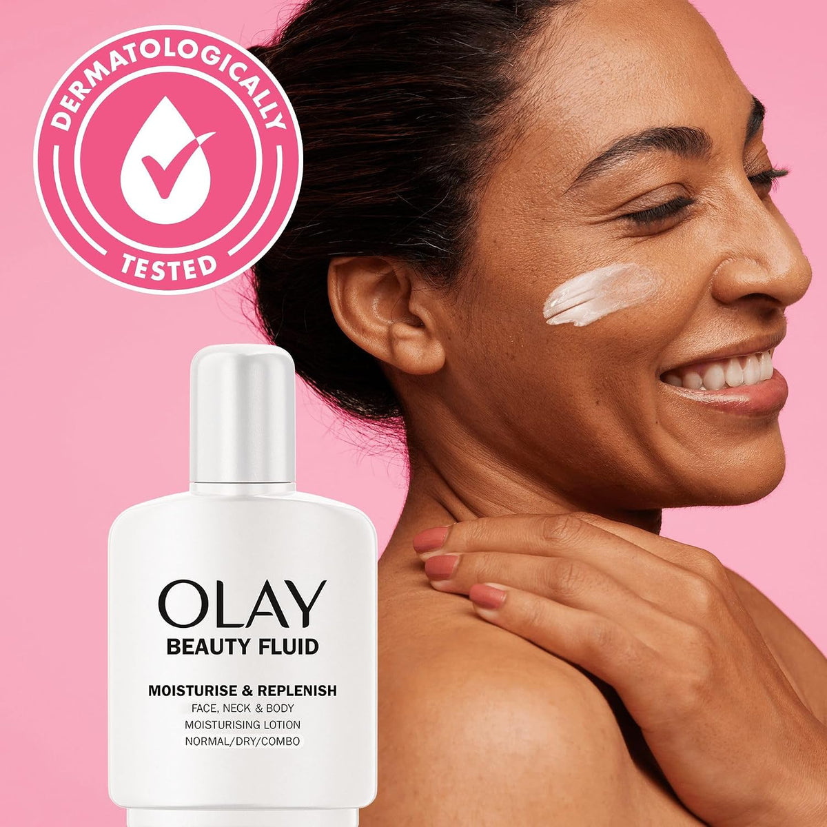Olay Beauty Fluid Face, Neck & Body Moisturising Lotion 100ml bottle displayed for daily skincare