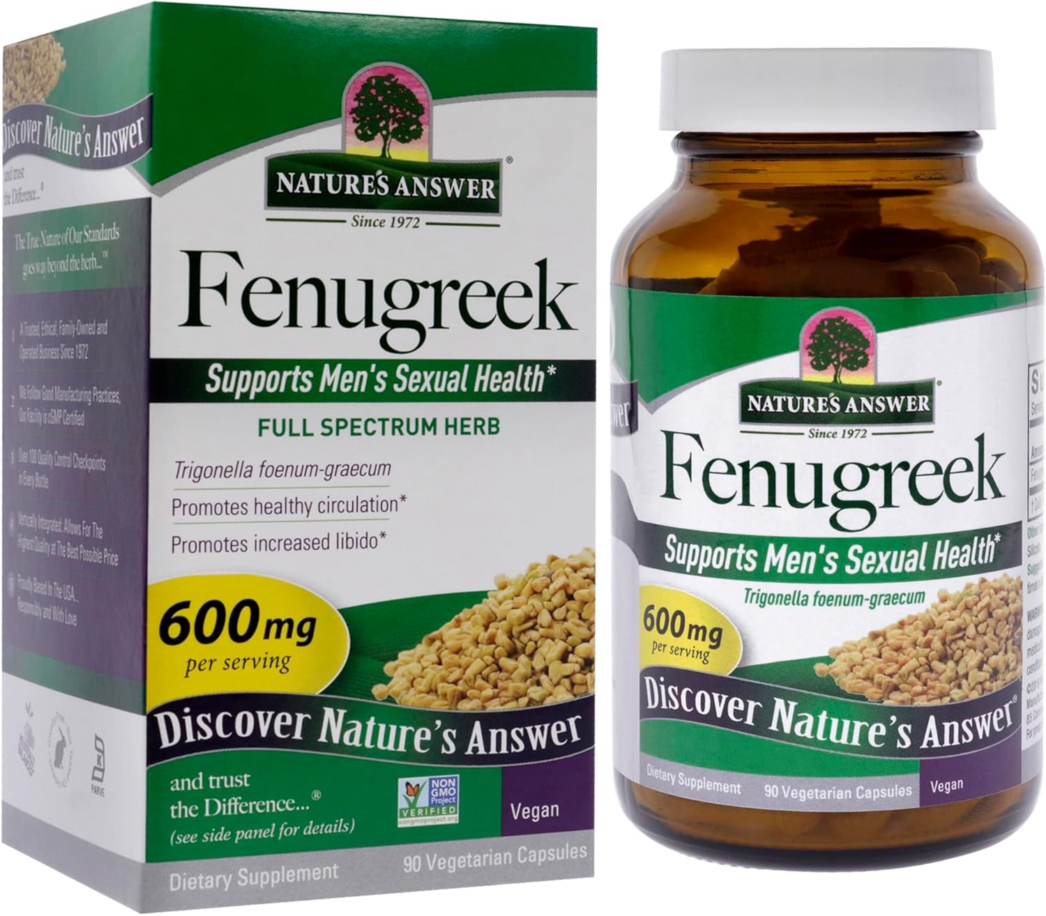 Nature’s Answer Fenugreek Seed vegetarian capsules 90 count bottle & box front view