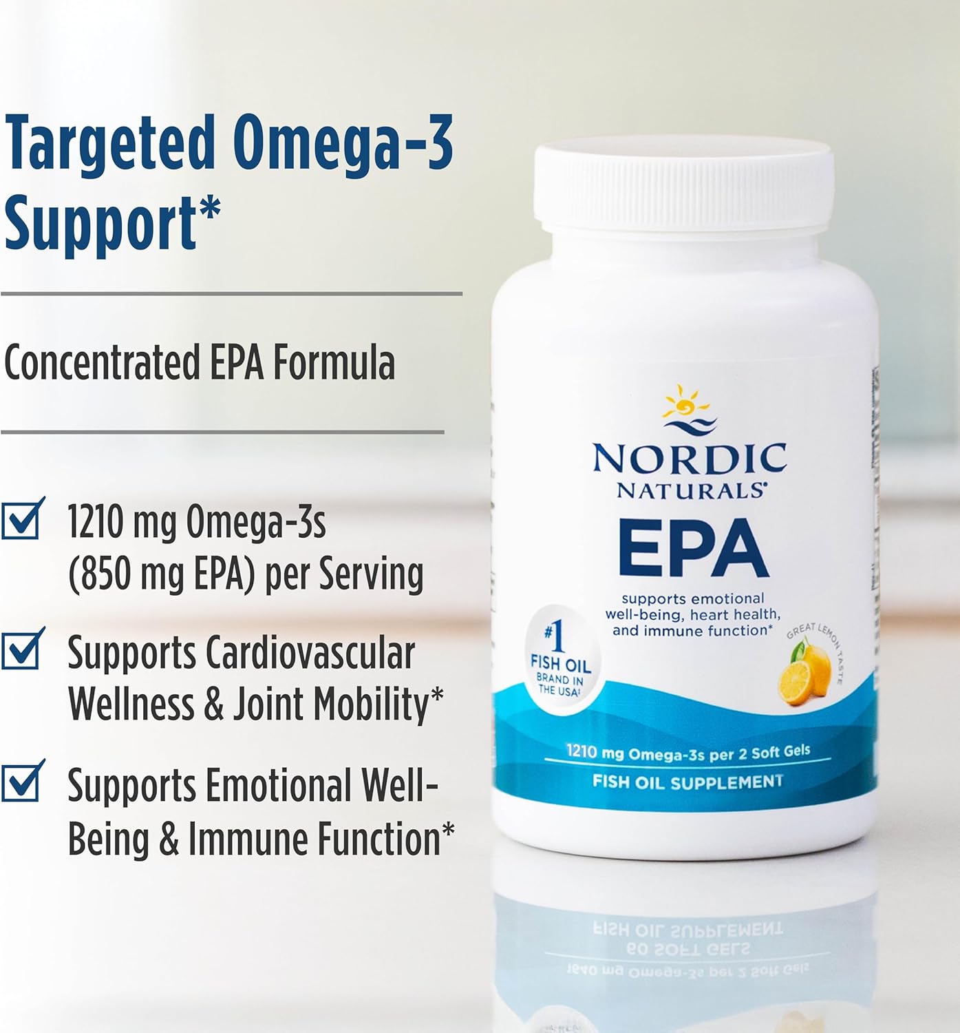 Nordic Naturals EPA Lemon high-potency omega-3 fish oil supplement bottle, 60 soft gels.