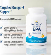 Nordic Naturals EPA Lemon high-potency omega-3 fish oil supplement bottle, 60 soft gels.