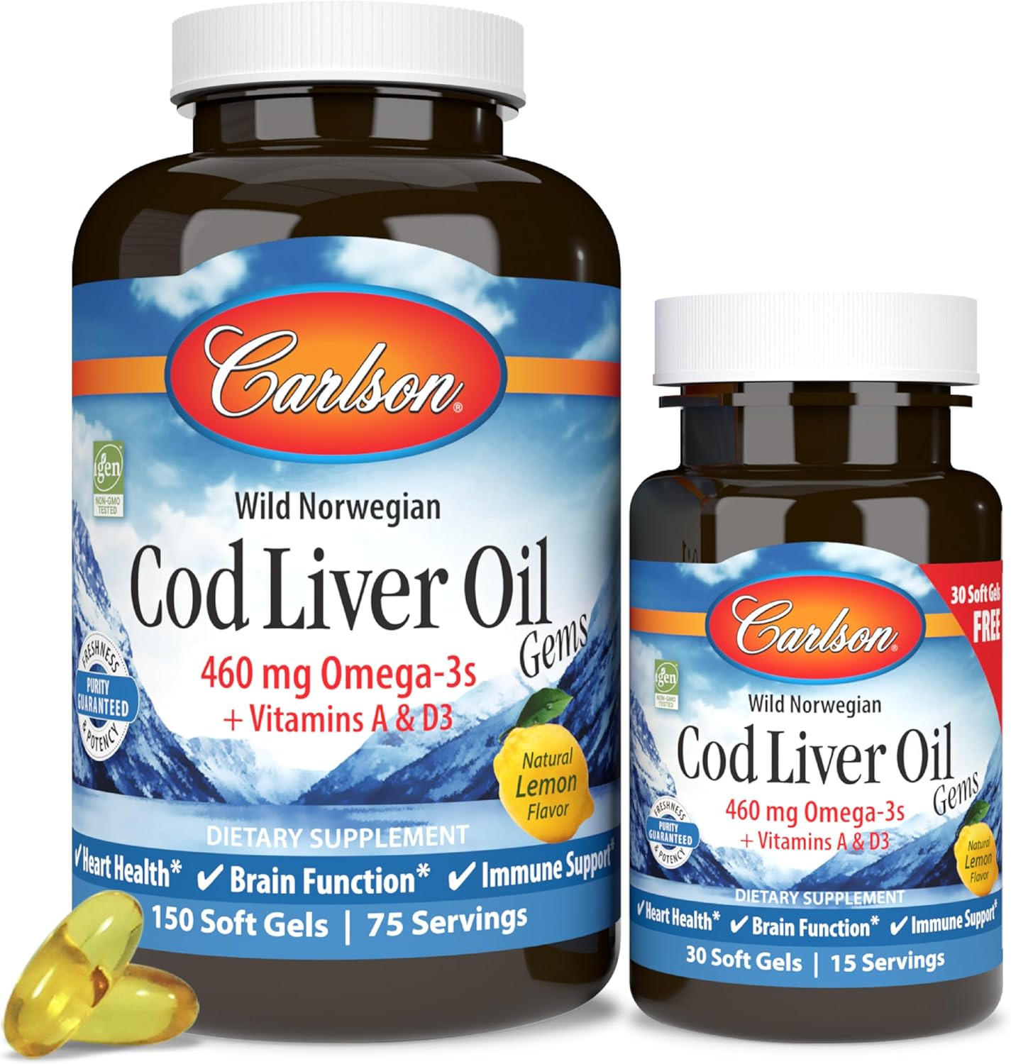 Front image: Carlson Cod Liver Oil Gems lemon softgels omega 3 vitamins A D3 bottle 180 count
