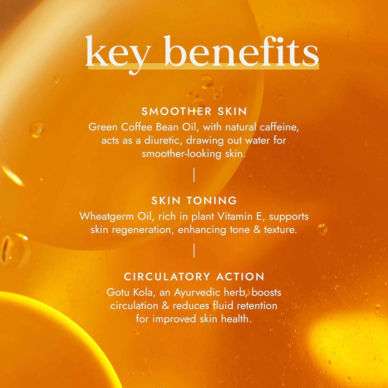 Key benefits of a skincare product with text on an orange background