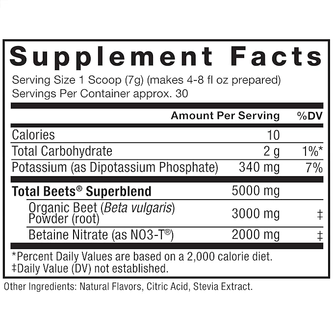 Nutrition facts and supplement label for Total Beets drink mix powder.