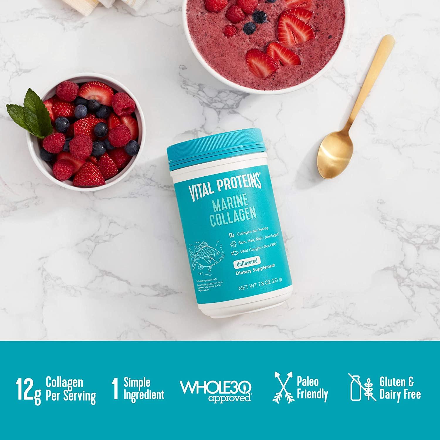 Lifestyle/use image: Vital Proteins Marine Collagen Peptides powder unflavoured tub 221g lifestyle use