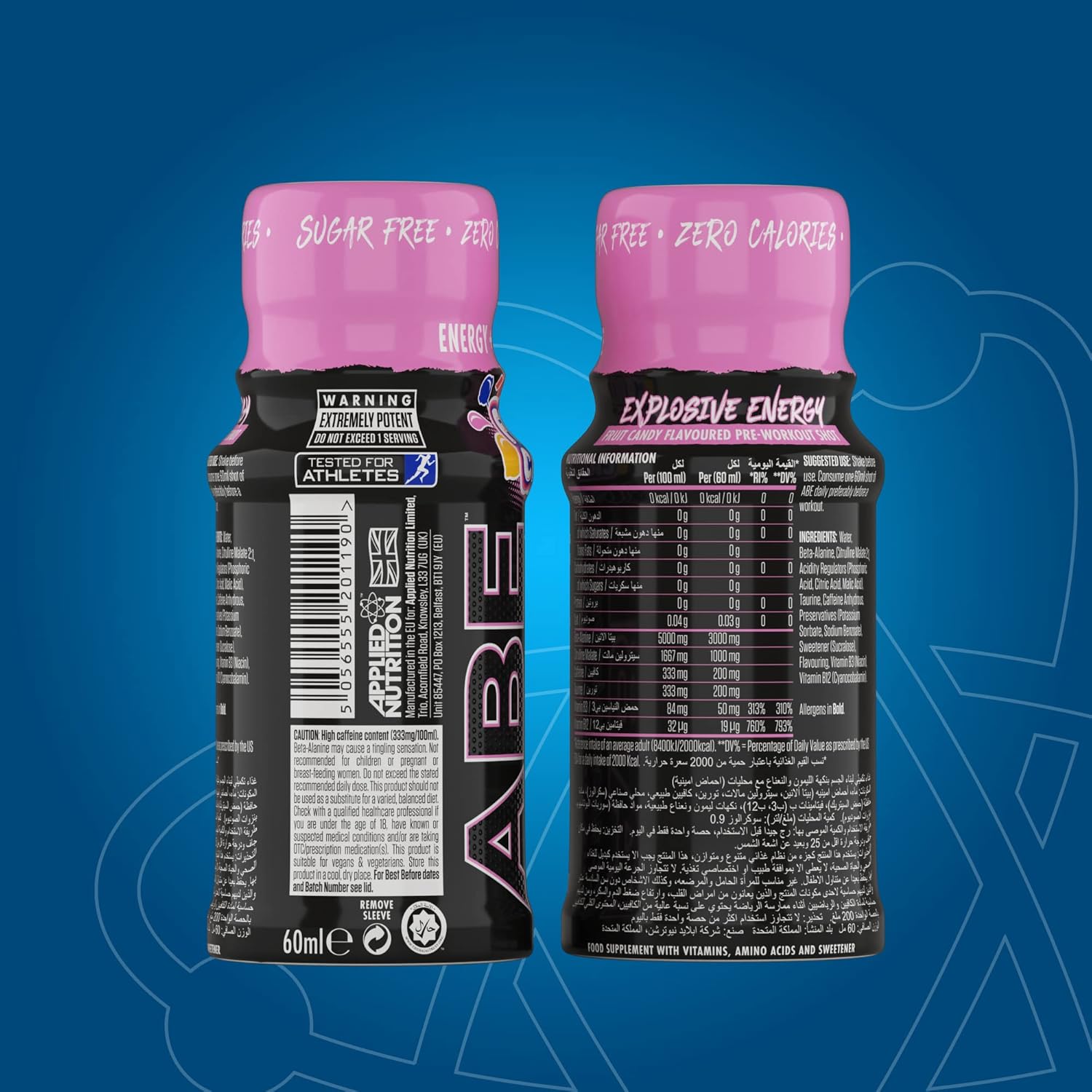 Two energy drink bottles with pink caps on a blue background