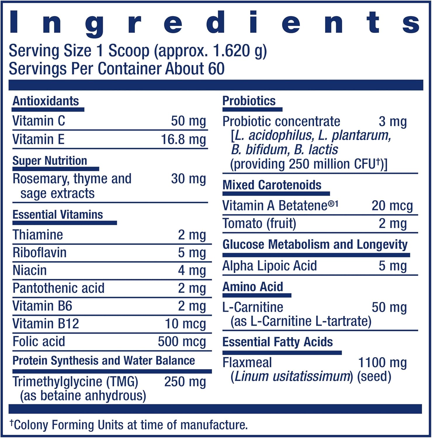 Label of Life Extension Dog Mix powder showing ingredient list and feeding guide.