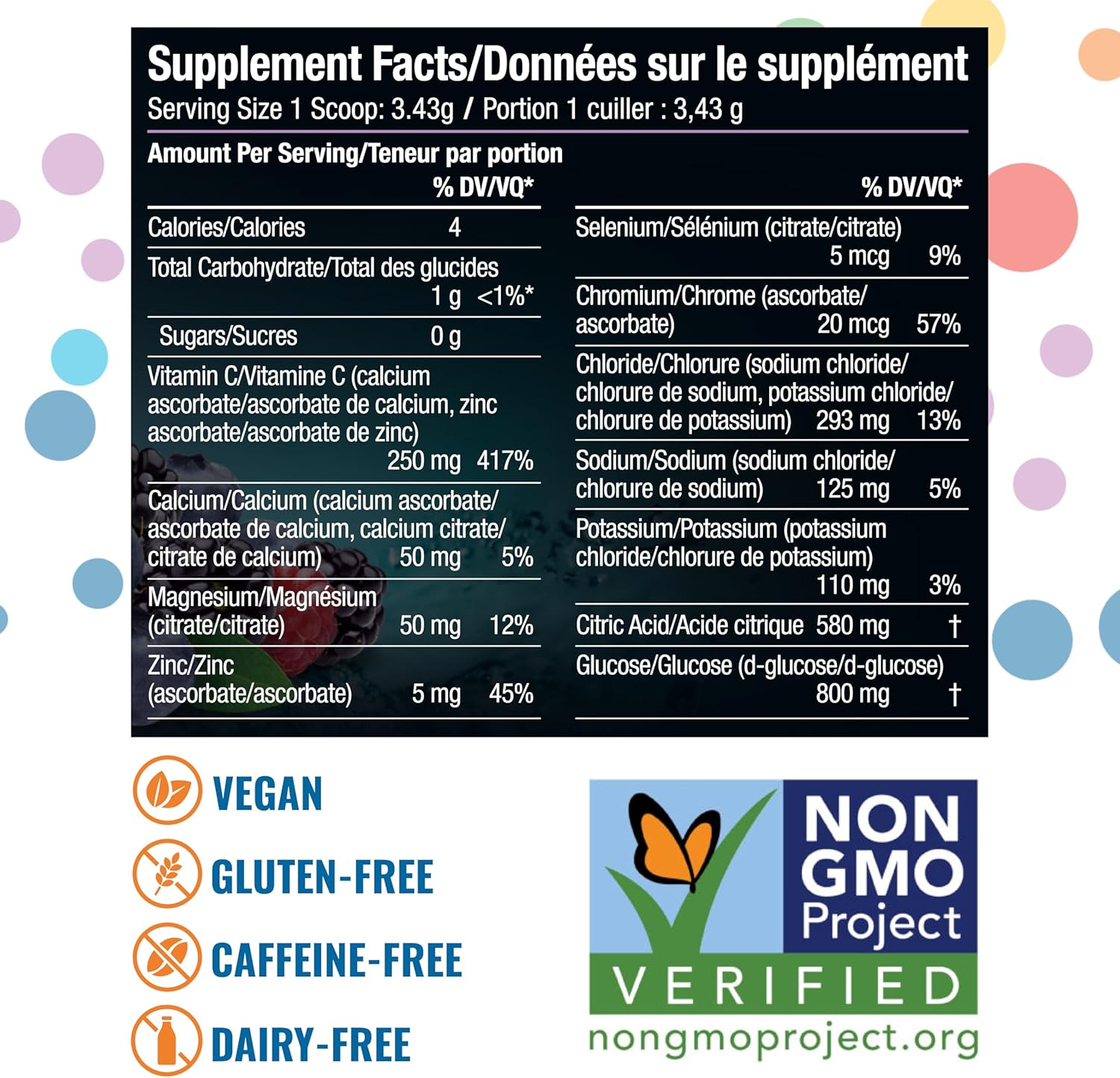 Ener-IV electrolyte drink mix powder nutrition label 154.35g on white background