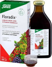 Floradix Liquid Iron & Vitamin Formula 500ml bottle, box & dosage vegetarian. 