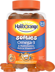 Haliborange Omega 3 Kids Multivitamin Softies tub, orange, 60 count.